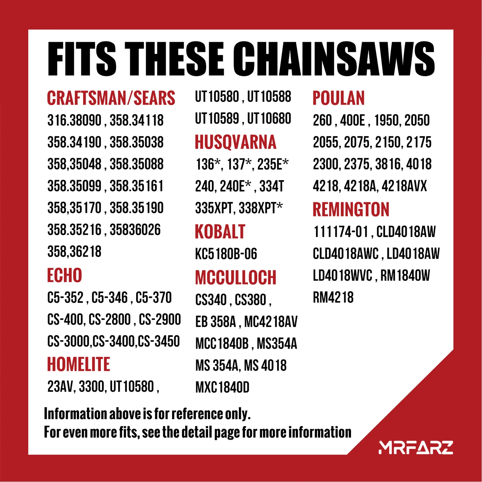 MRFARZ 4-pak łańcucha do piły łańcuchowej 18 cali 3/8 "podziałka LP .050" wskaźnik 62 linki napędowe S62 pasuje do Poulan, Kobalt, Echo, Ego, Greenworks