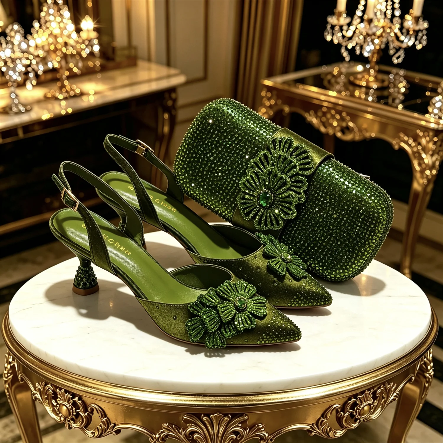 2026 Luxuriöses olivgrünes Kristall-Absatzschuh- und Handtaschen-Geschenkset, mit Strasssteinen verzierte Damen-Pumps und Handtasche für Hochzeitsfeier und Abendveranstaltungen – Detail 1