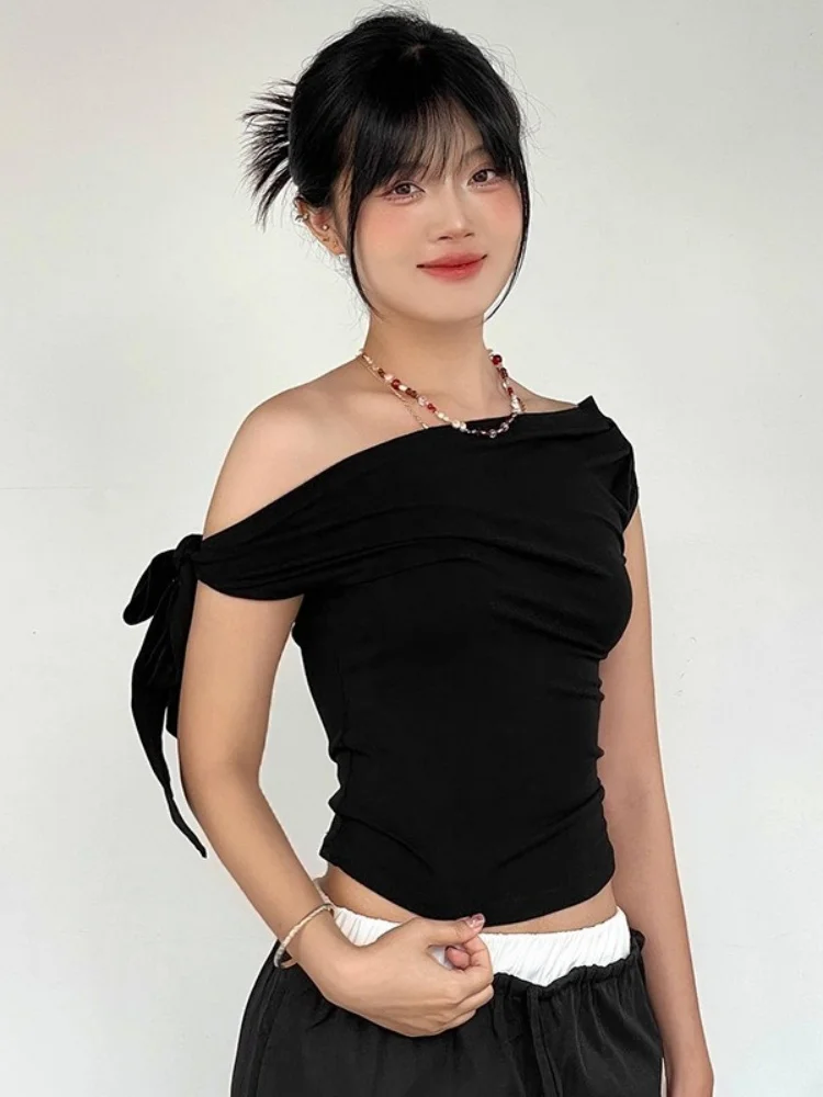 One Shoulder T Shirts For Women Streetwear Solid Crop Top Y2k Accessories Asymmetrical Feminist Clothes Sleeveless Ropa Mujer