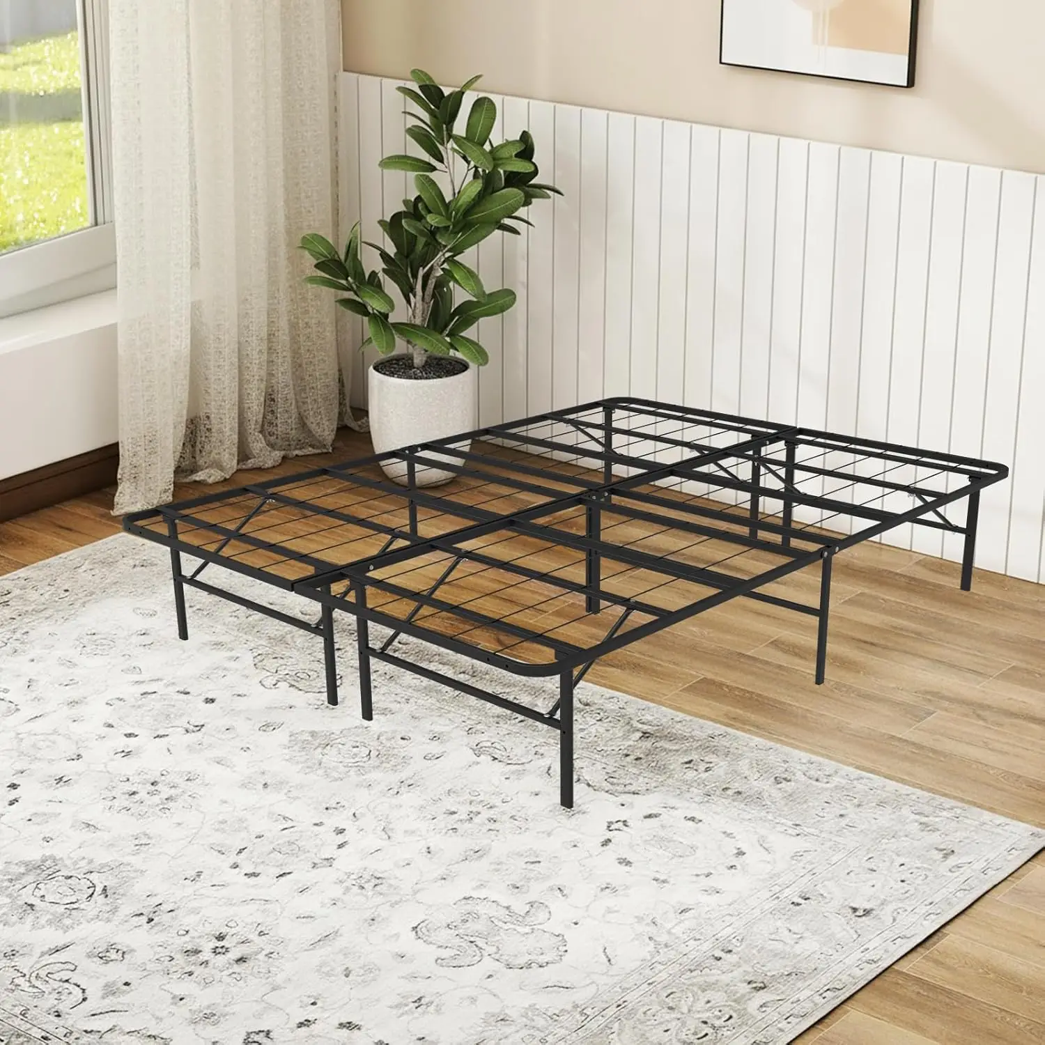 

14 Inch Foldable Queen Bed Frame, Metal Platform, Steel Slat Support, No Box Spring Needed, Easy Assembly, Under Bed Storage
