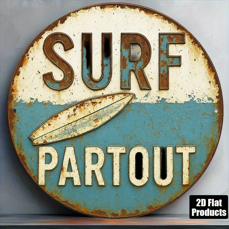 Panneau rond en aluminium français avec une décoration vintage sur le thème du surf, à l'effigie d'un motif marin, idéal pour la décoration