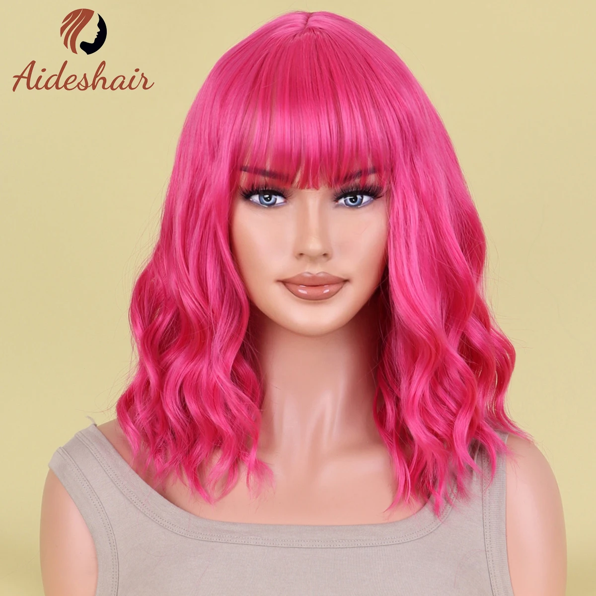 Aideshair 14 Inches Women Girls Short Curly Synthetic Wig with Bangs Lovely Pink