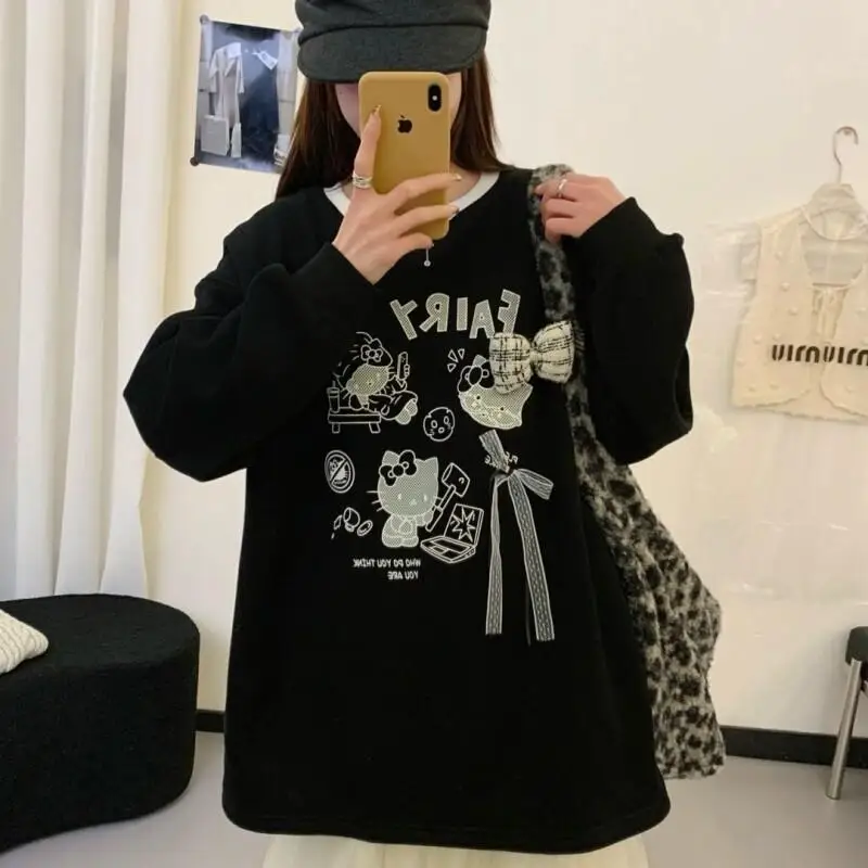 

Новая утепленная свободная кофта Sanrio Sweet Hello Kitty в корейском стиле, с длинными рукавами, из хлопка, с круглым вырезом, на флисовой подкладке, для молодежи