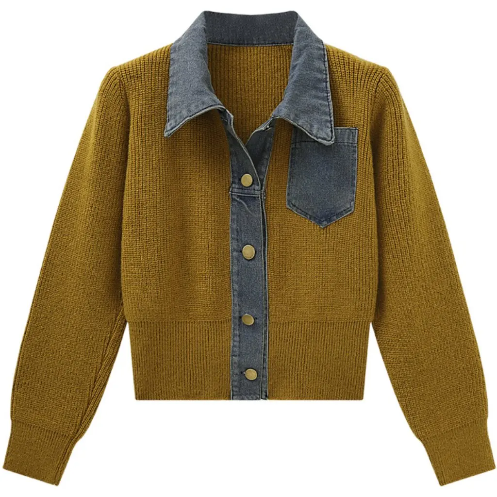 

Женский элегантный вязаный кардиган с верхней талией и лацканами в полоску, джинсовый свитер с вышивкой, осень-зима, новинка