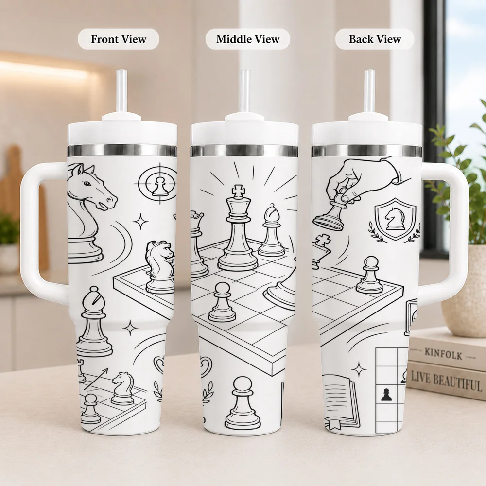 Chess Engraved Drinkware Vacuum Flasks 40oz Leakproof Steel Tumbler w/ Lid Straw Handle Hot Cold Drinks