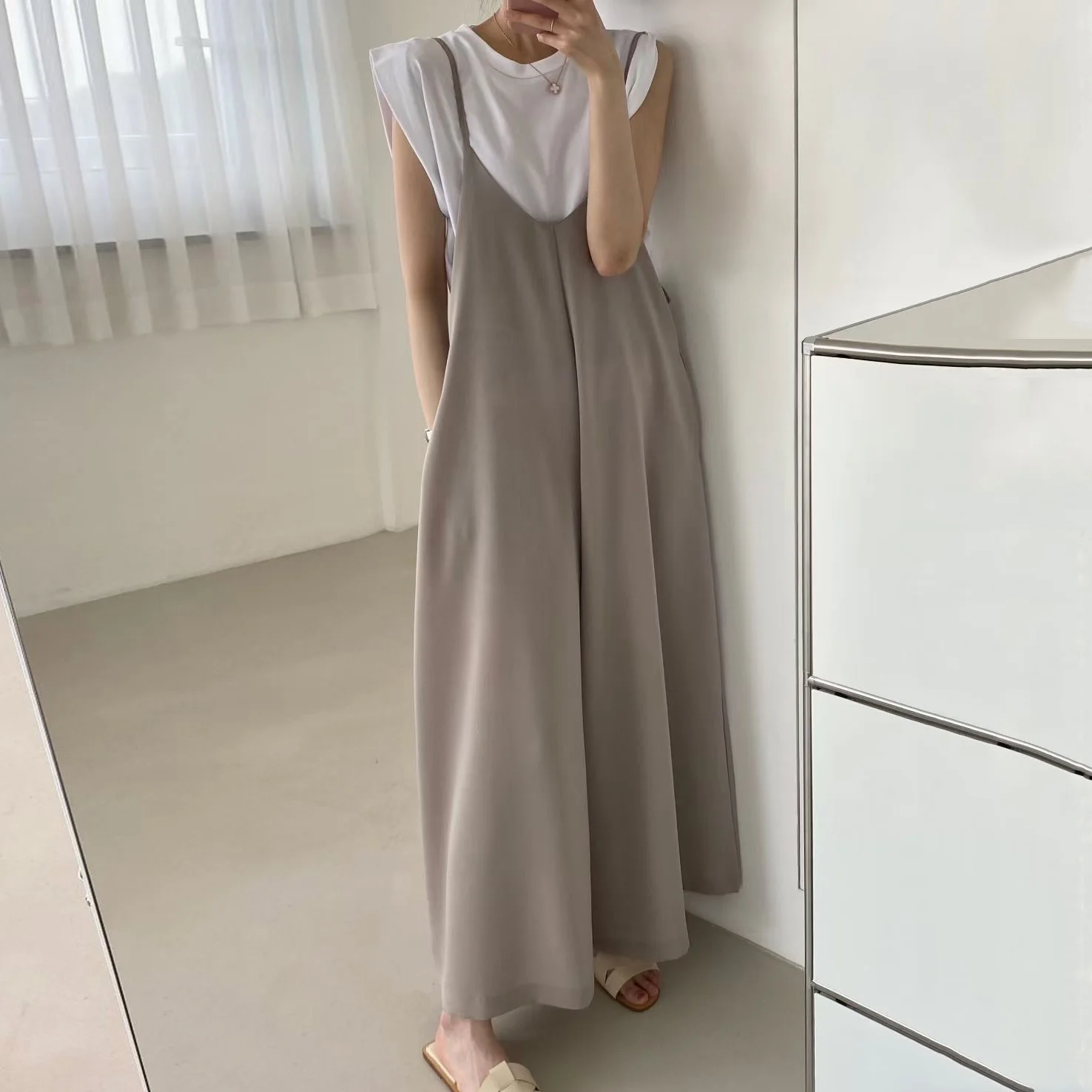 Versatile Loose Fit Slimming Shoulder Strap Pants Casual Pants Jumpsuit 2 Colors Drapey Comfortable Mid-aged Women's Pants