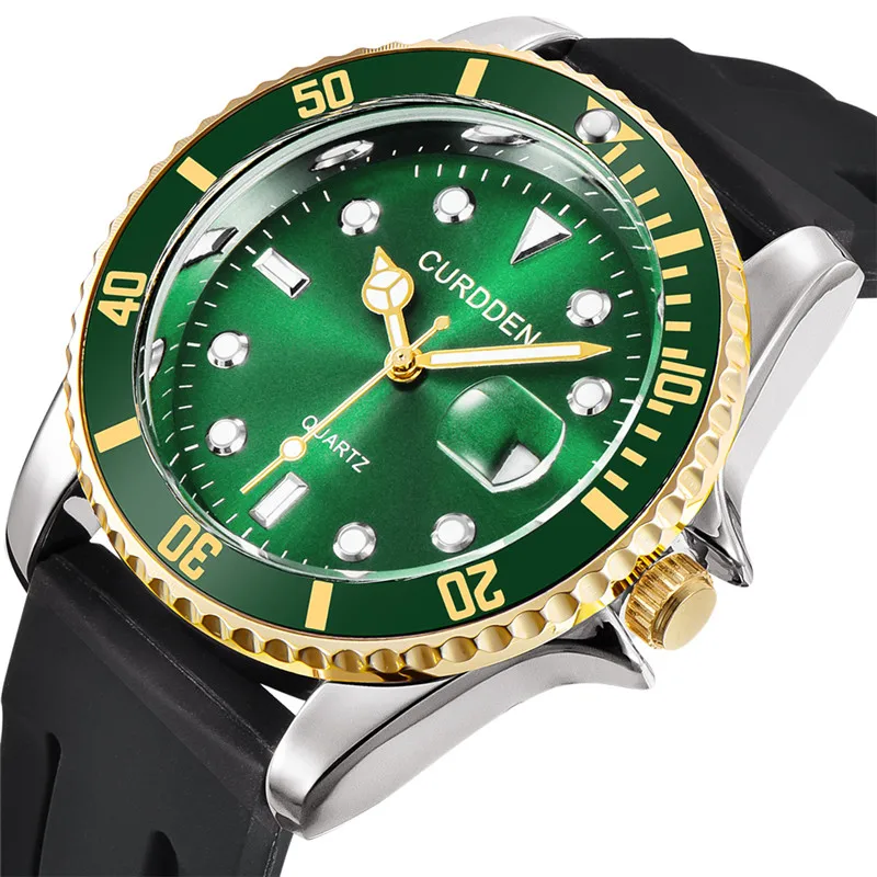 Мужские Оригинальные большие Брендовые Часы, студенческие Модные Простые ВИНТАЖНЫЕ КВАРЦЕВЫЕ ЧАСЫ с резиновым ремешком и датой, зеленые роскошные часы
