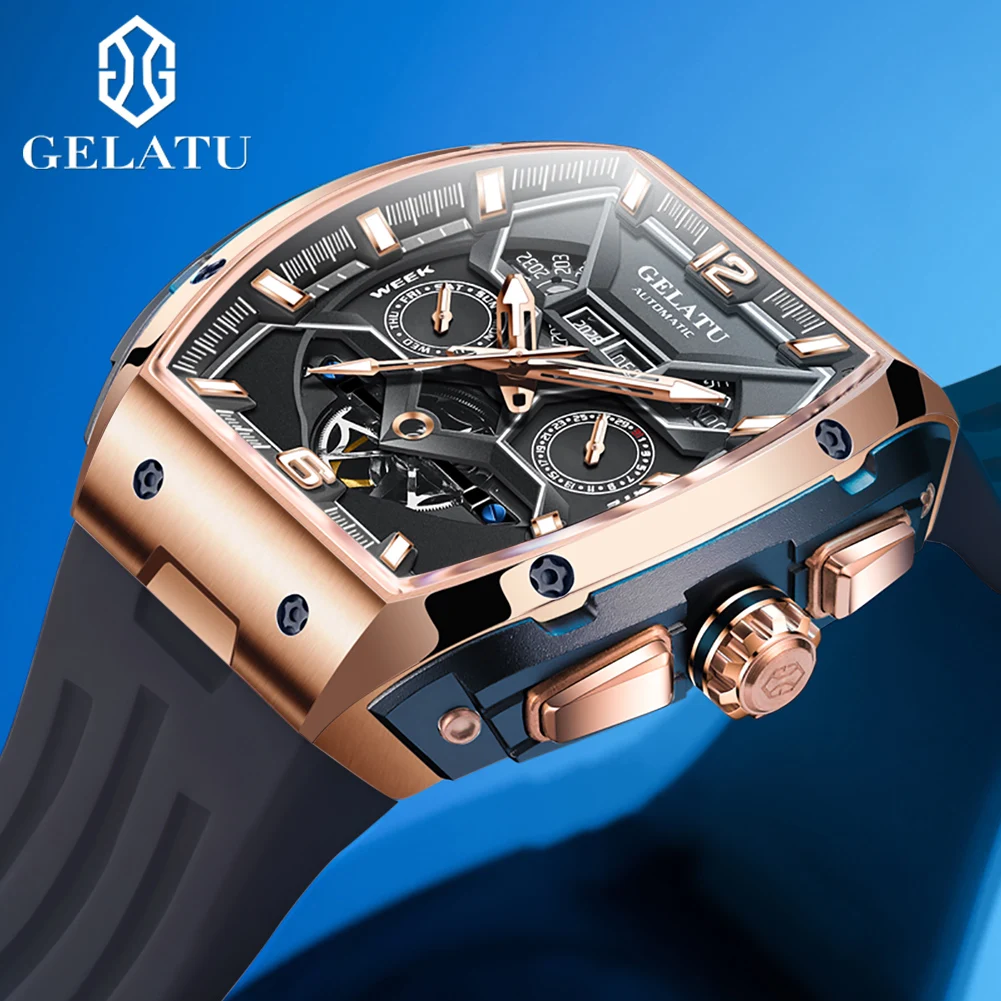 GELATU 6013 Original Mechanical Watch for Men Silicone Strap Skeleton Calendar Week Display Business Luxury Automatic Wristwatch