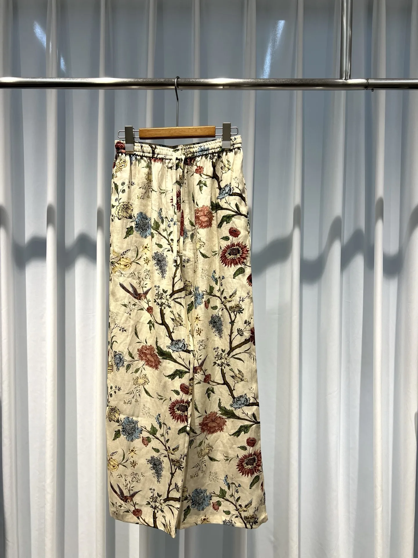 2026 Women Floral Printed Wide Leg Pants 100% Linen Elastic Waist Straight Loose Yellow Long Trousers