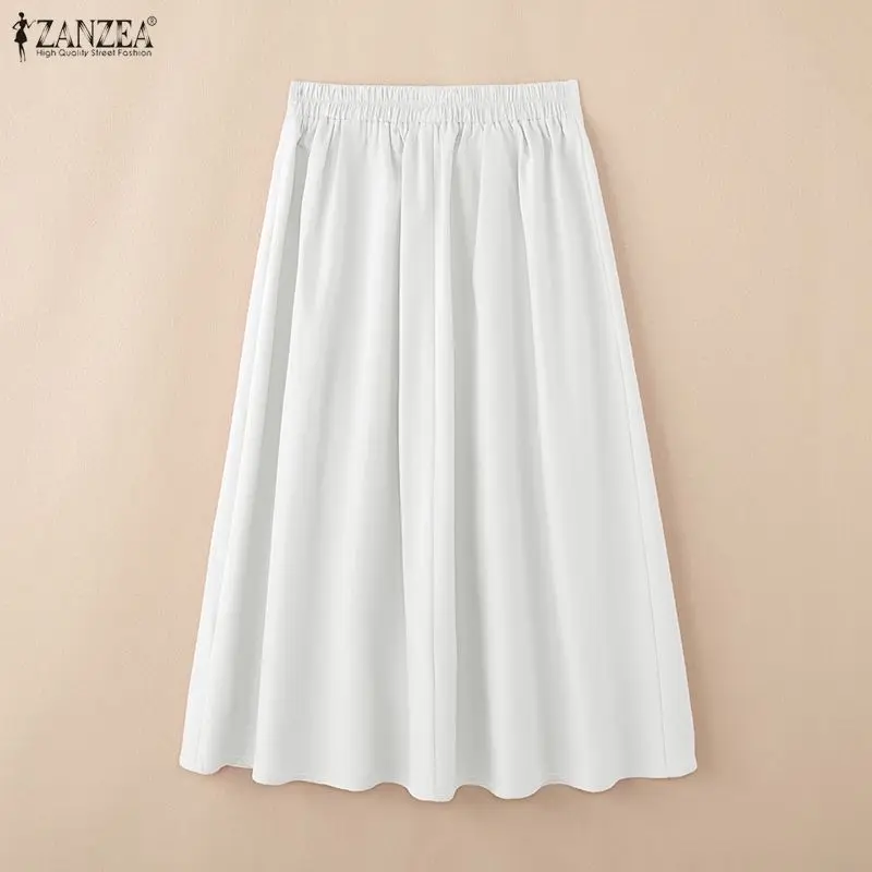 Women's Elegant High Waist Midi Skirts OL Elastic Back Waist Solid Color A-Line Skirt ZANZEA Spring Commuting Wear Jupes Femme