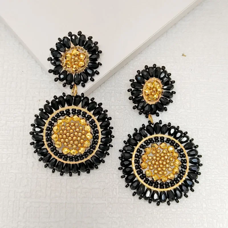 Beaded earrings Retro Creativity Crystal Bohemia Sunflower Pattern Hand textile Black Female Trend Alloy Rice bead earrings