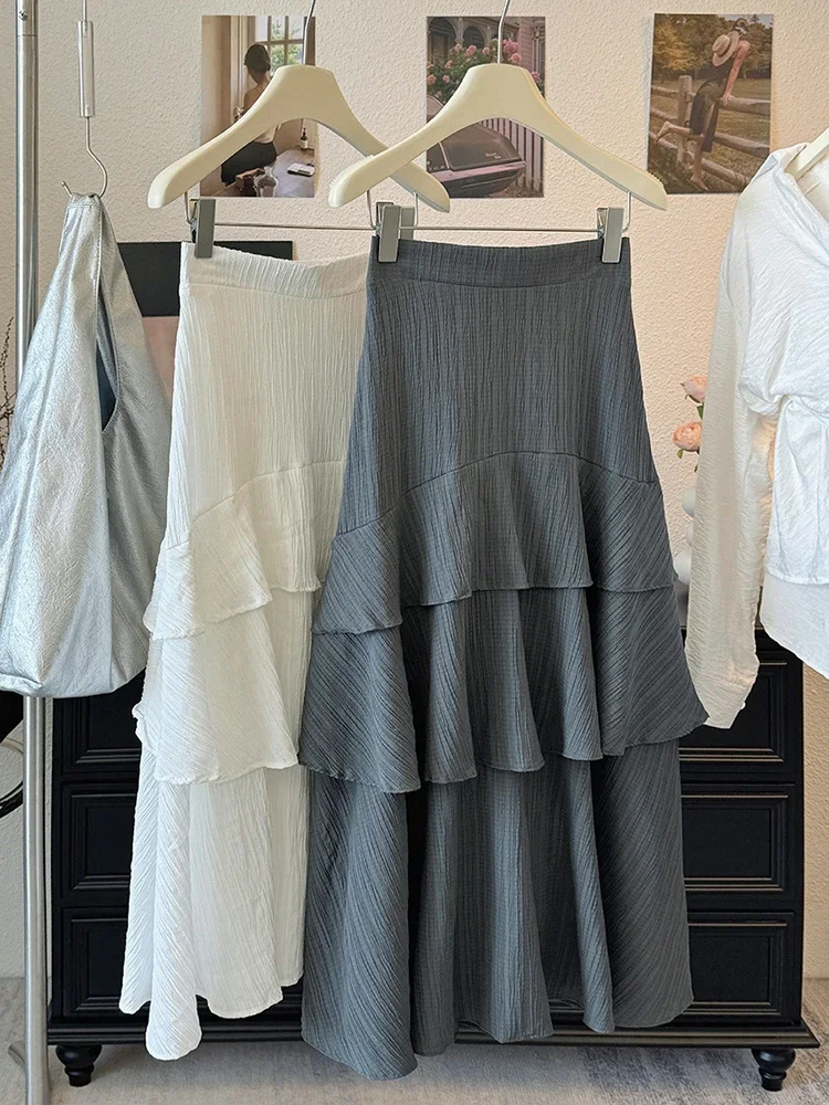 

2025 Spring Summer New Women High Waist Slim Long Skirt Fashion Sweet Irregular Ruffles Split Hem Cake Skirt
