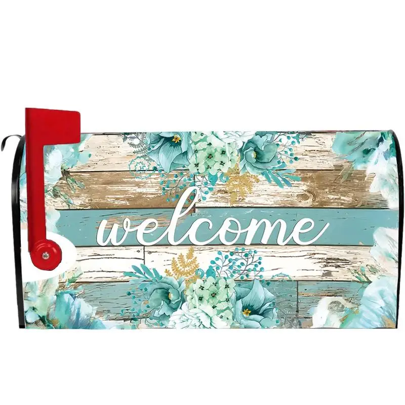Vintage Wooden Blue Floral Welcome Mailbox Cover, American Country Flower Pattern Mailbox Decor
