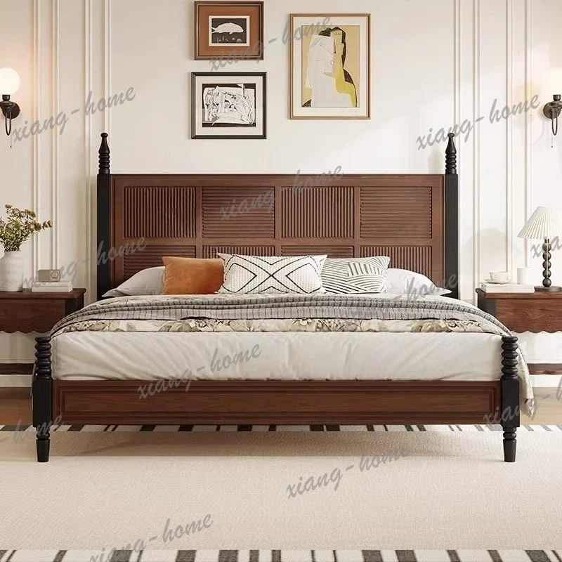 LJY Retro Modern French Vintage Style Solid Wood Bed 1.8m High-end Ilia Bed American Master Bedroom Double Bed Exquisite Furnitu