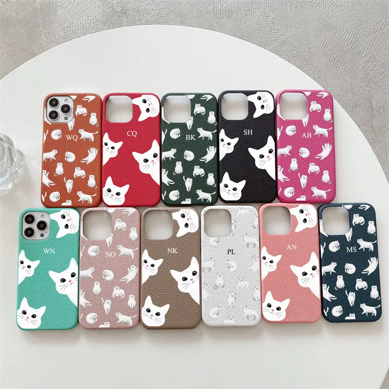 Personalised Initial letter Pebble Grain Leather cute cats Case for iphone 11 12 14 13 15 Pro Max XS XR 14Plus Luxury Hard Cover