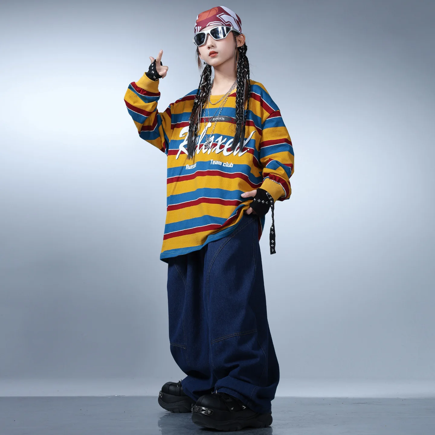 Criança kpop hip hop roupas amarelo listrado moletom denim azul calças largas calças largas para menina menino trajes de dança de rua roupas