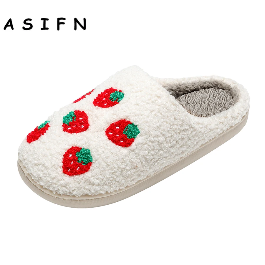 New Cute Strawberry Slippers Soft Fluffy Faux Fur Plush House Shoes Women Female Comfy Home Flat Slip-on Slides Chaussure Femme