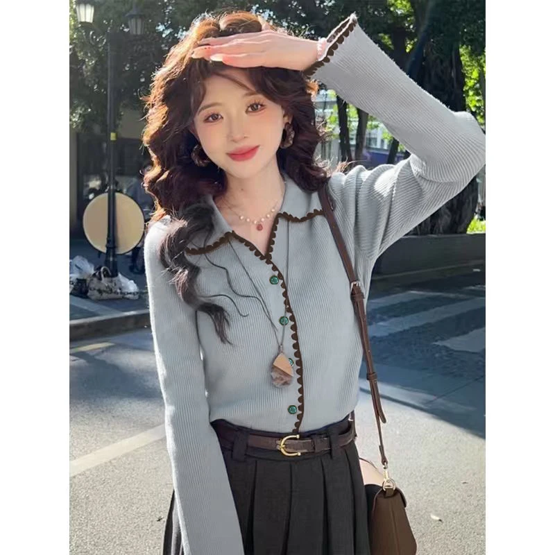 

Новинка 2023 года, осенний женский вязаный свитер с воротником-стойкой, цвет Blo, открытый кардиган, универсальный синий свитер для поездок на работу