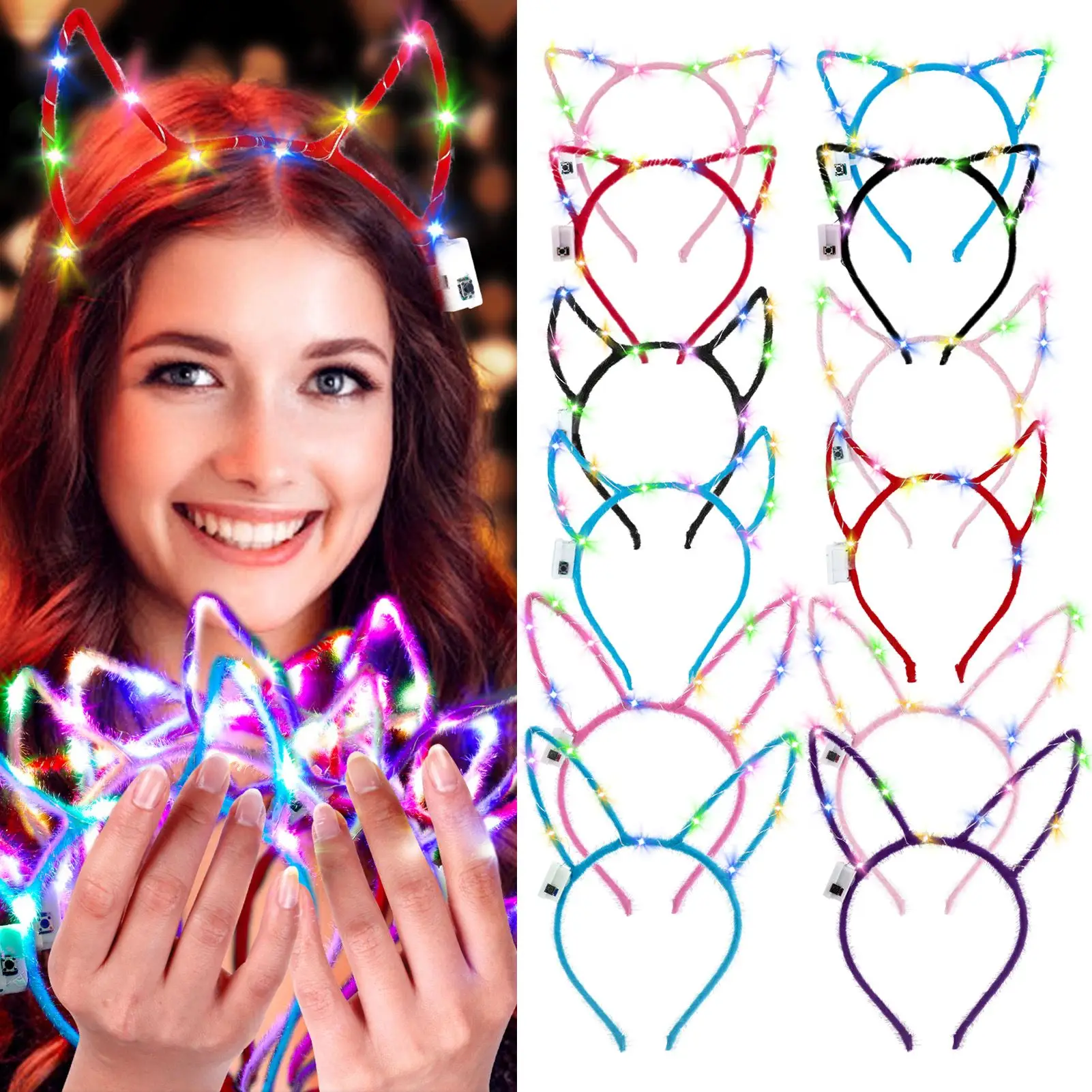 12Pcs Party Headband Animal Ear LED Cute Costume Hair Hoop Cosplay Headwear Cat Ear Headband Light Up Flash Hairband Party Decor