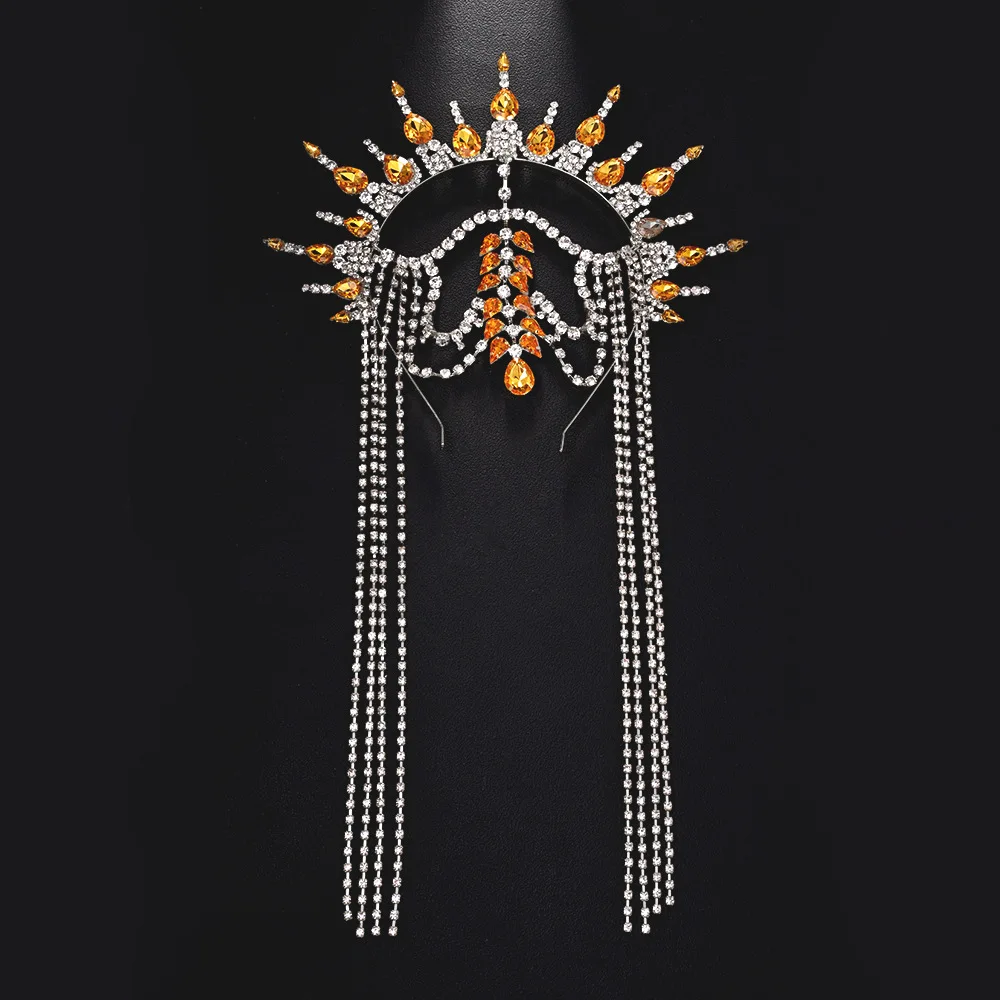 Queen Exaggerated Rhinestone Crown Headband for Women Decoration Carnival Fashion Tassel Crowns Chain Tiara Prom Head Jewelry