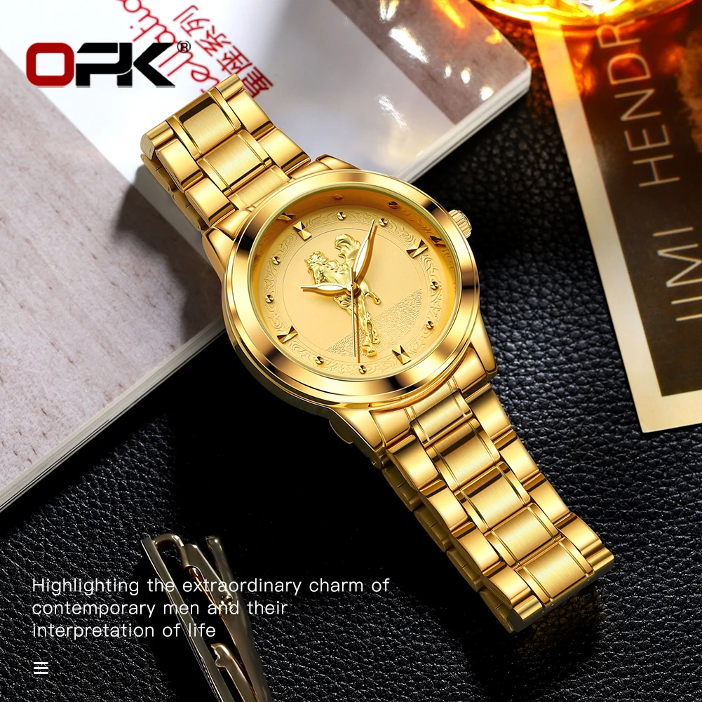 OPK brand three-pin Jinma embossed literal men's quartz watch 8140