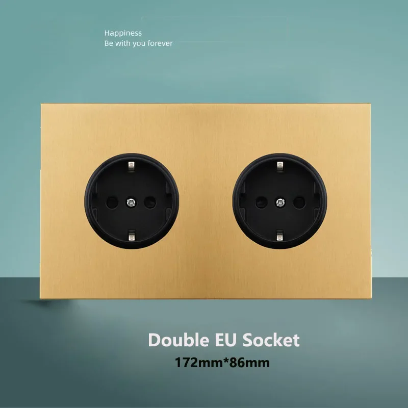 

Gold Stainless Steel Panel Wall Light Toggle Switch Double European Plug Vintage Momentary Switch for Living Room