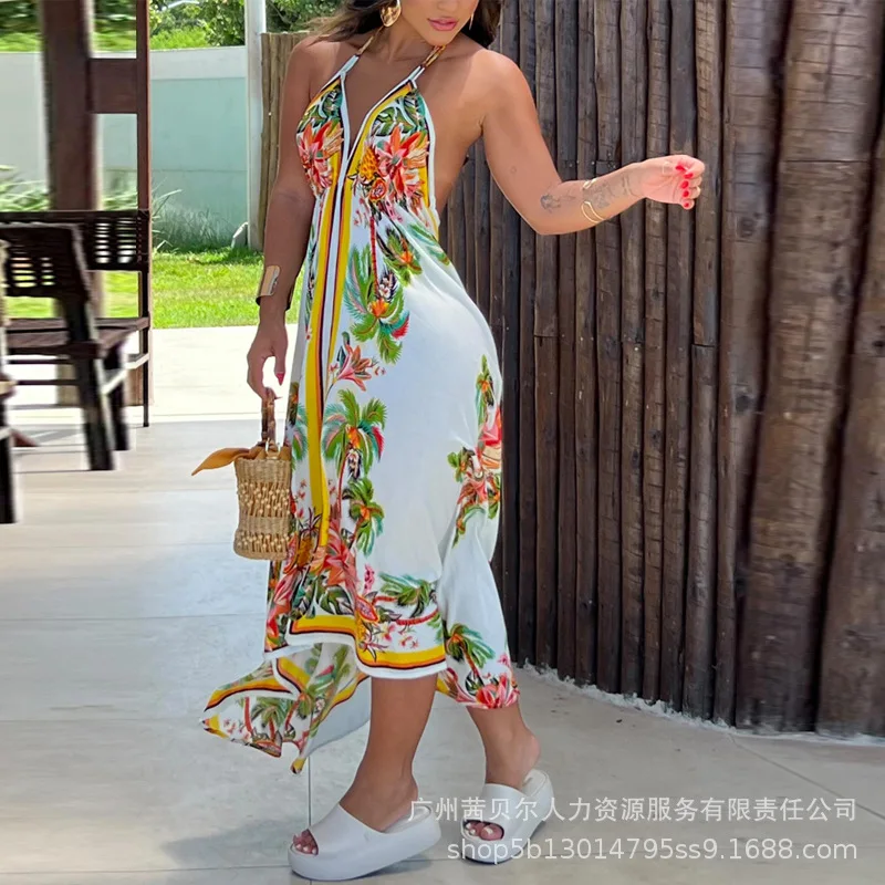 

Women Dress Long Dresses A Line Print Floral Casual Beach Regular Sling Sleeveless Backless V Neck Irregularity Vestidos Summer