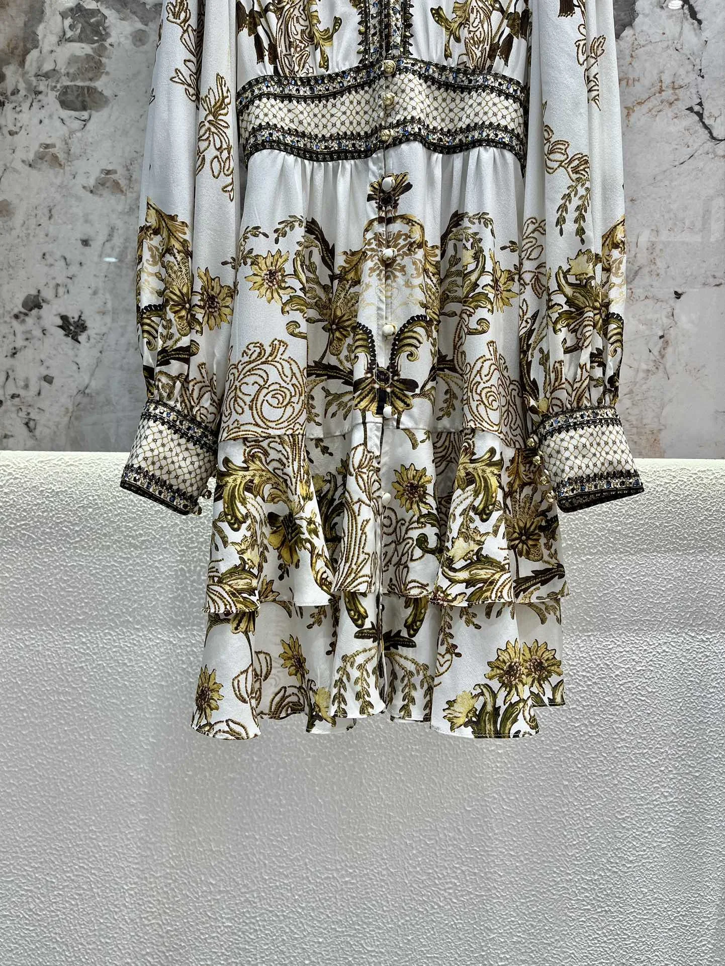 Women Vintage Printed Beaded V-Neck Single Breasted Double Layered Ruffles 100% Silk Mini Dress