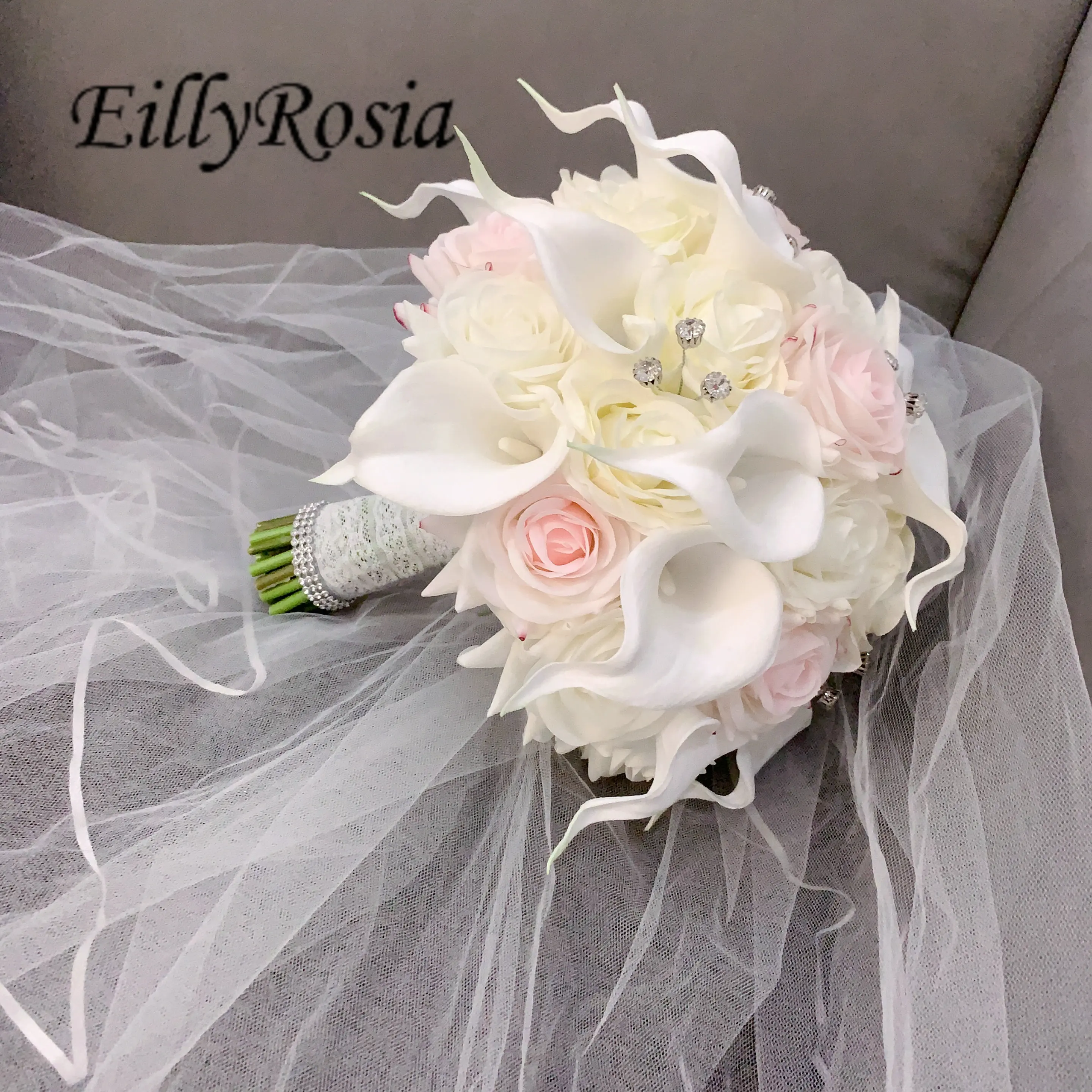 EillyRosia ramo de novia blanco y rosa flores artificiales con perlas ramo de boda de playa Ramo Damas de Honor