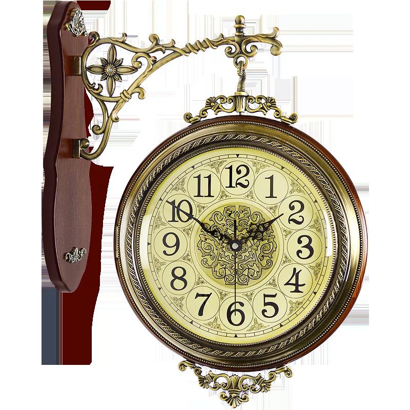 European solid wood double-sided wall clock large silent creative home living room clock antique two-sided retro fashion clock
