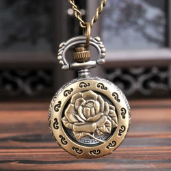 Fashion Vintage Quartz Pocket Watch Relief Rose Pocket Watch Out Flowers Necklace Pendant Sweater Chain Clock Gifts