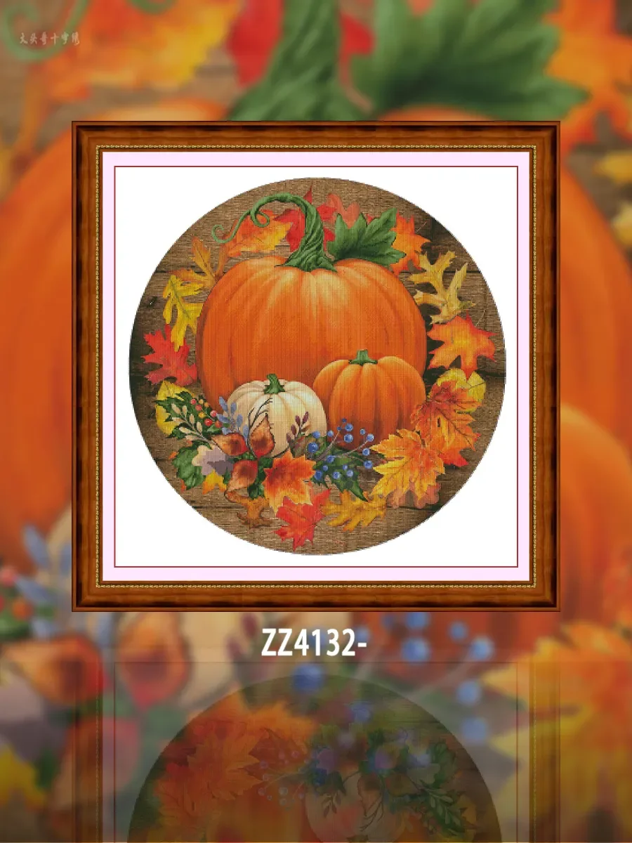 [ZZ4132-Golden Autumn Pumpkin] Stamped Cross Stitch Embroidery Kit 14CT 16CT, DIY Craft Project, Preprinted Fabric