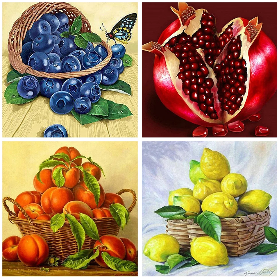 DIY 5D Diamond Painting Fruit Cross Stitch Kits Blueberry Pomegranate Lemon Peaches Full Diamond Mosaic Picture Home Wall Decor