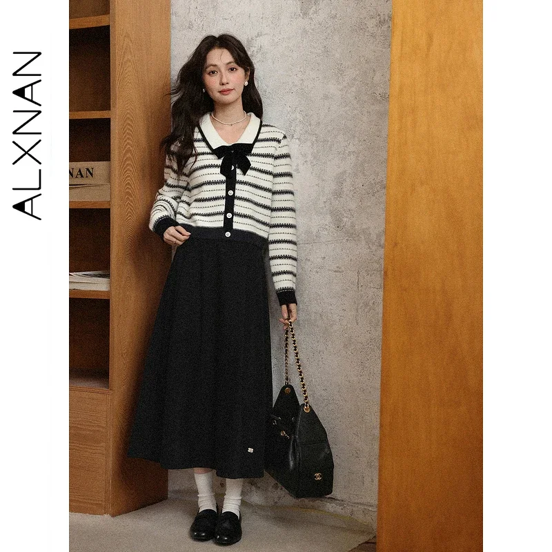 ALXNAN حجم كبير سترة مخططة القوس الخامس الرقبة واحدة الصدر المرأة محبوك سترة 2025 خريف شتاء فضفاضة تناسب القمم D57521 #2
