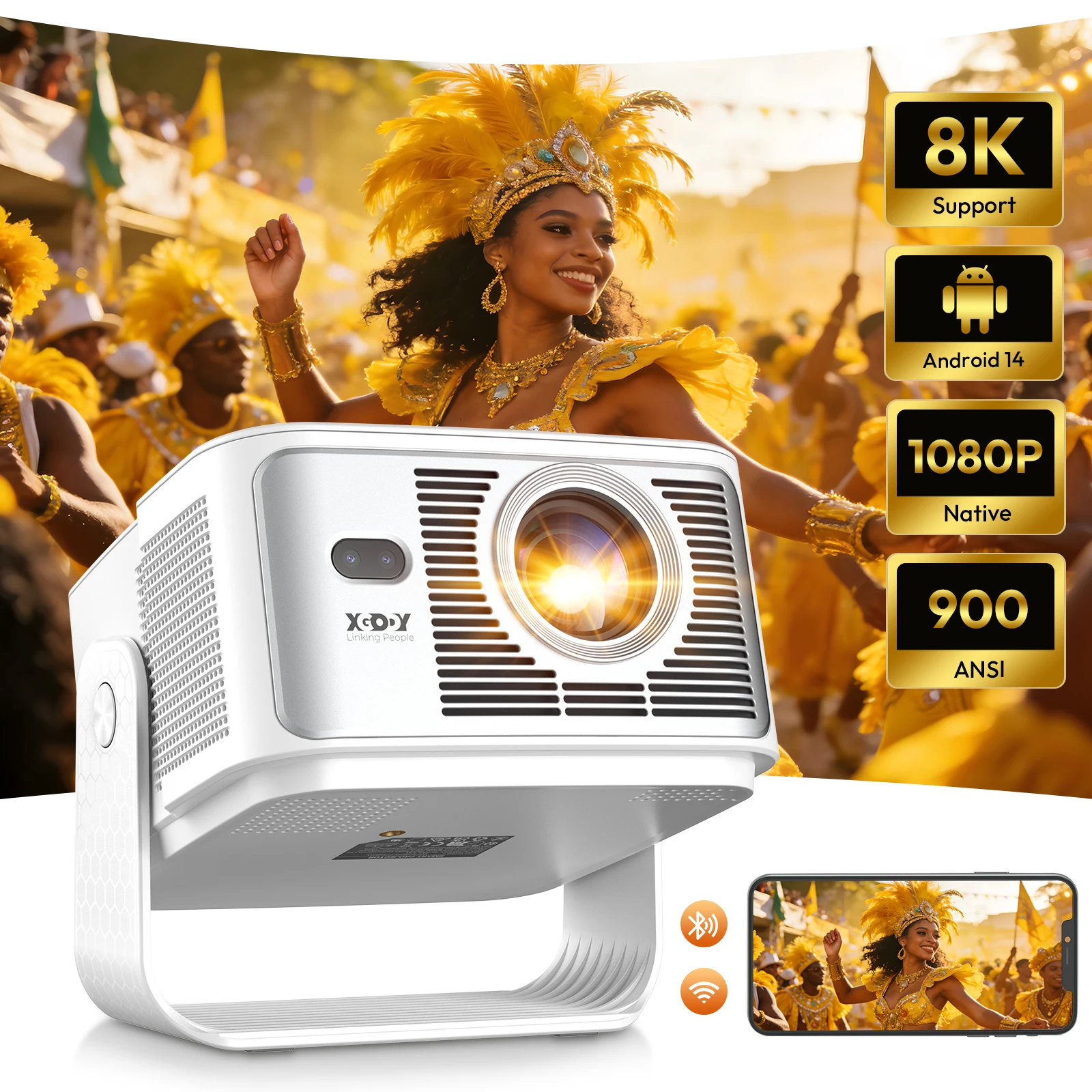 Xgody 900Ansi 8K Projector 2Gb+16Gb Android 14.0 Gimbal 7 Auto Focus Keystore Correction Beamer Wifi6 Bt5.4 Home Cinema Outdoor