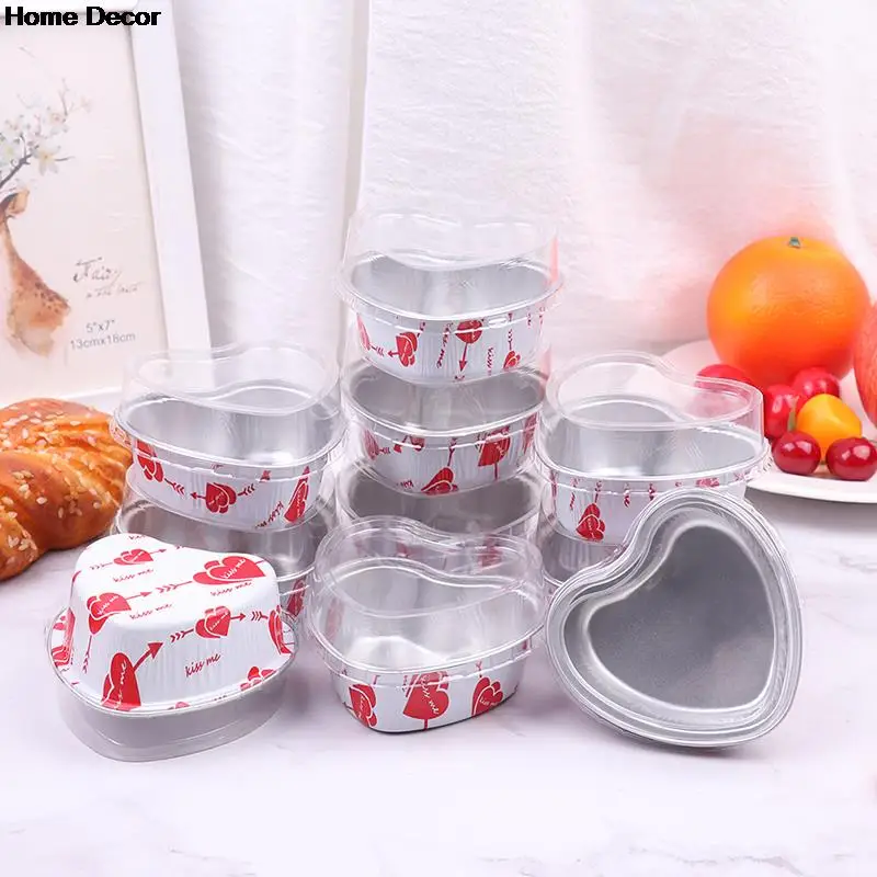 10Pcs/lot 100ml Heart Shaped Cupcake Cup With Lids Flan Baking Pans Aluminum Foil Cake Pan For Wedding Birthday Party Supplies