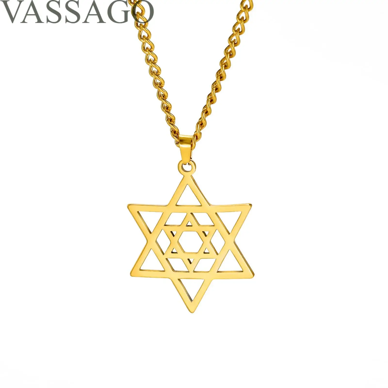 VASSAGO Star of David Necklace Six Point Jewish Star Menorah Pendant Necklace Stainless Steel Hexagram Jewish Israel Jewelry