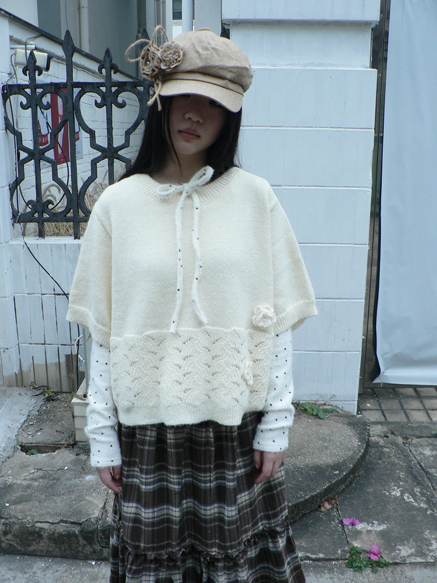 

Angproject Vintage Hollow out Knitwear ort Sve Women's New Arrival Layering Floral Decoration Casual round Ne Top