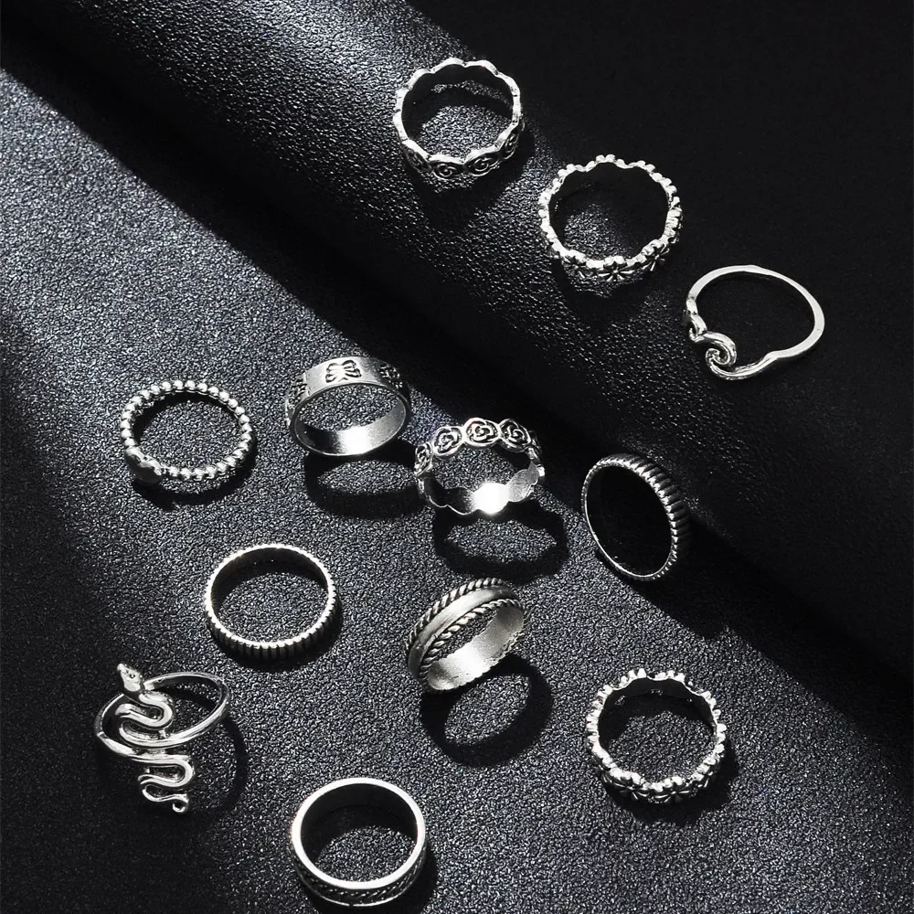 Fashion Silver-plate Snake Flower Heart Shape Geometry Set Ring For Women Boho Vintage Trendy Personality Rings Jewelry Gift image 2
