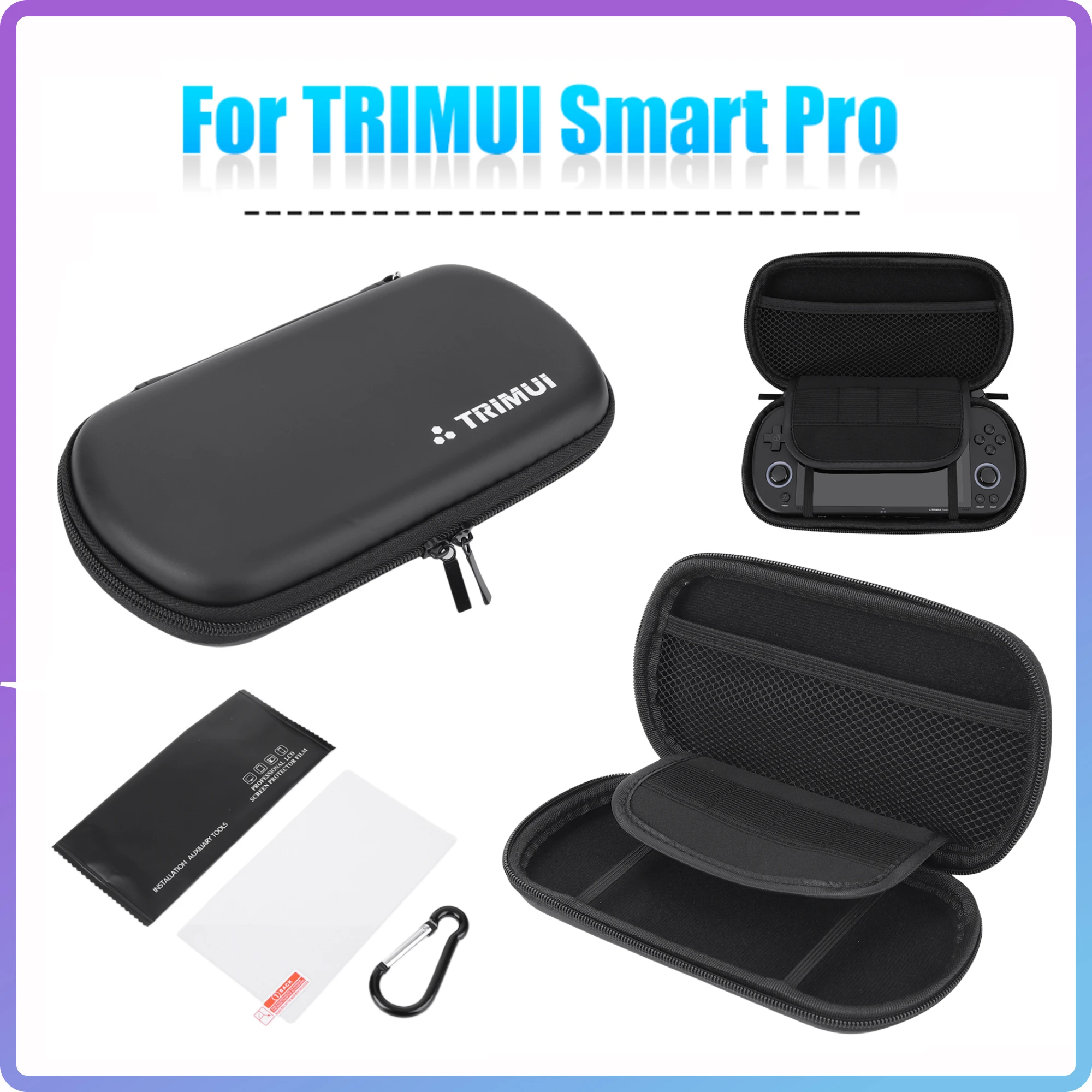 

Hard Carrying Case with Anti-scratch Tempered Glass Film & Carabiner Portable Gaming Console Portective Bag for Trimui Smart Pro