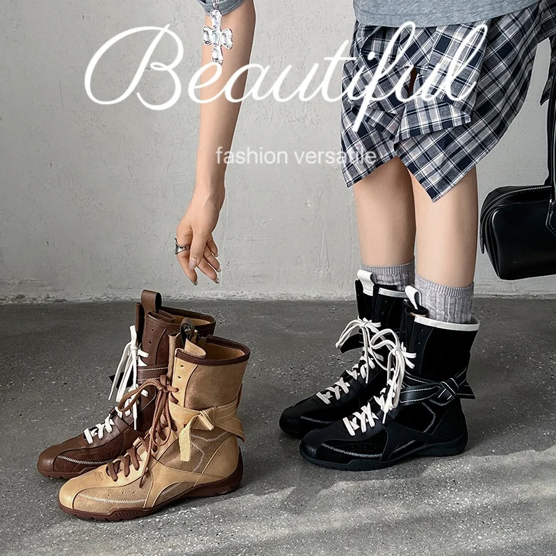 

Новинка 2026, осенне-зимние женские ботильоны высотой 22-24,5 см из коровьей замши + разделенная кожа, мотоциклетные ботинки с круглым носком и пряжкой на ремне, пикантные модные ботинки