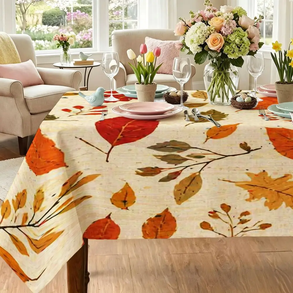Autumn Leaf Tablecloth for Rectangular Dining Table, Cream Background with Red Orange Yellow Green Detailed Leaves, Berries And Twigs Pattern, Polyester, Easy Care, Fall Thanksgiving Decor, Indoor Use