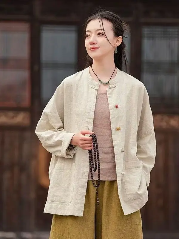 Retro Nieuwe Chinese Sle Losse Katoenen Linnen irt voor Vrouwen met Knop Open Vest Bovenkleding Grote Maat Top