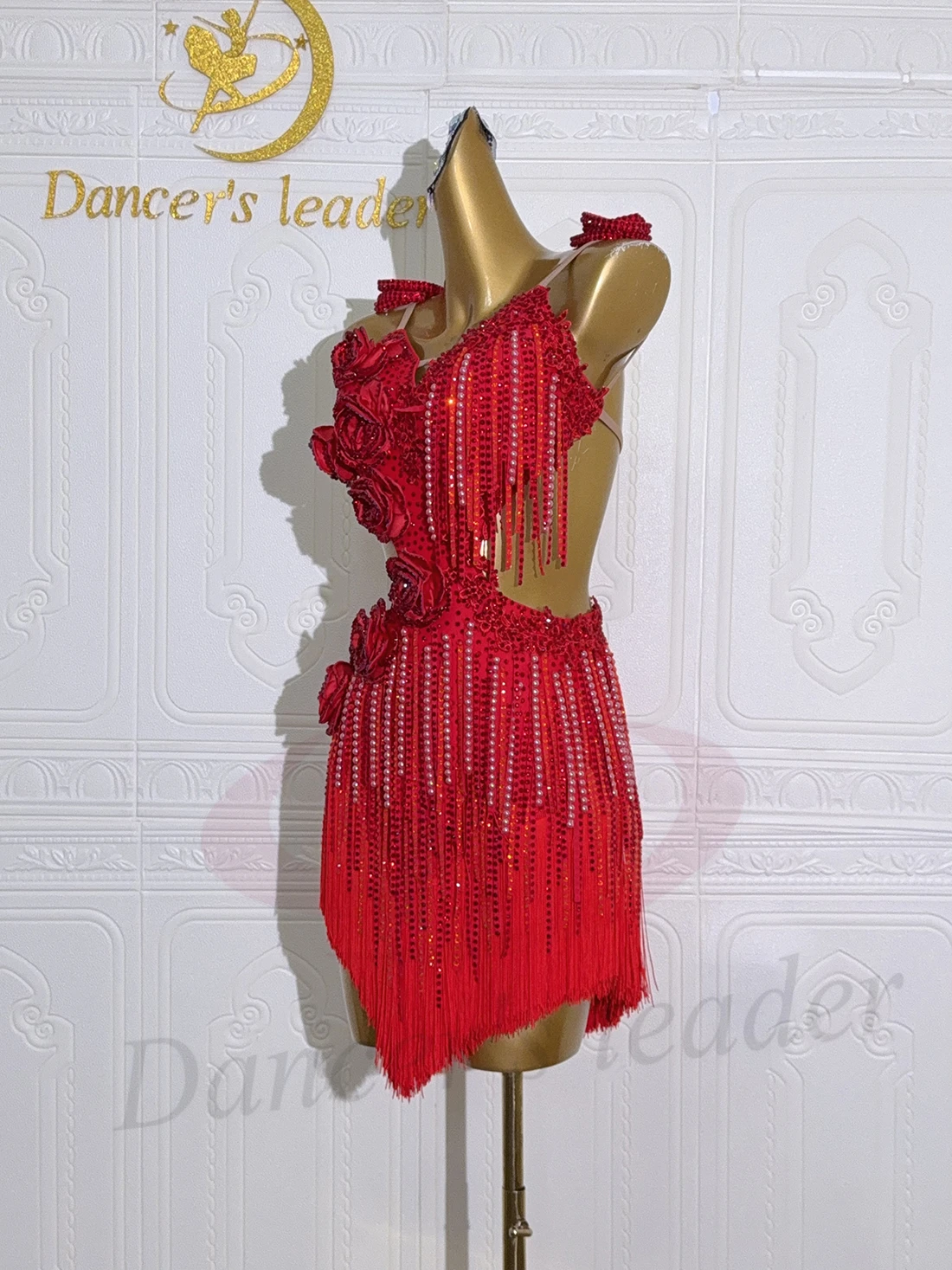 

Latin Dance Adult Children'S Dress AB Stone High-End Custom Red Flower Pearl Dress Cha Cha Tango Women'S Clothing