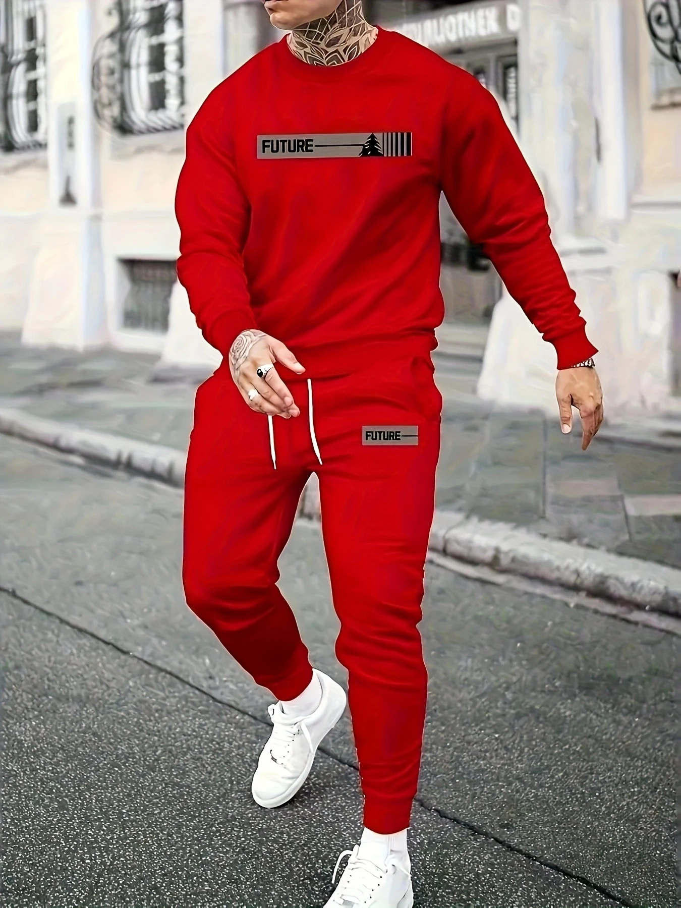 

Men's Sports Set - Round neck Long sleeved Top with Strap up Running Pants, Polyester Knitted Fabric, Regular Style Sportswear,