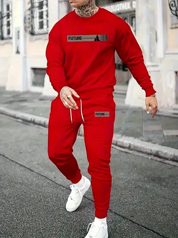 Men's Sports Set - Round neck Long sleeved Top with Strap up Running Pants, Polyester Knitted Fabric, Regular Style Sportswear,