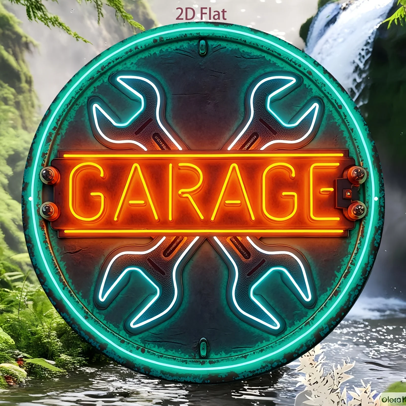 2D Flat Metal Tin Sign, Neon-Style Wall Decor, Retro Garage Workshop Art, Round Aluminum Plate, Home Bar Man Cave Gift