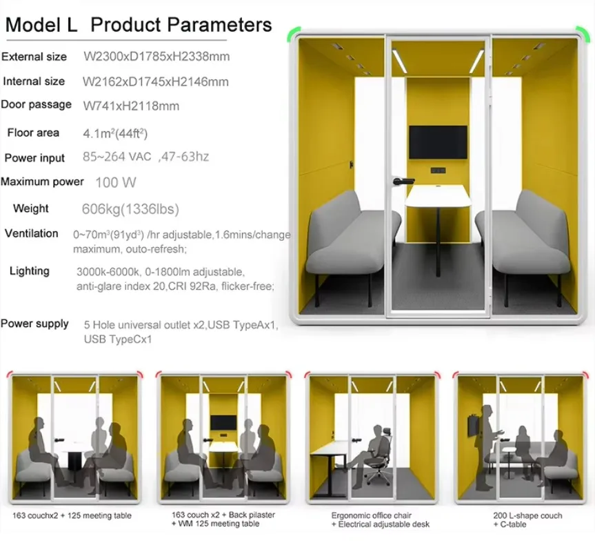 Movable Acoustic Silent Focus Pod 2-4 People Business Negotiation Sound Insulation Coworking Office Meeting Cabin