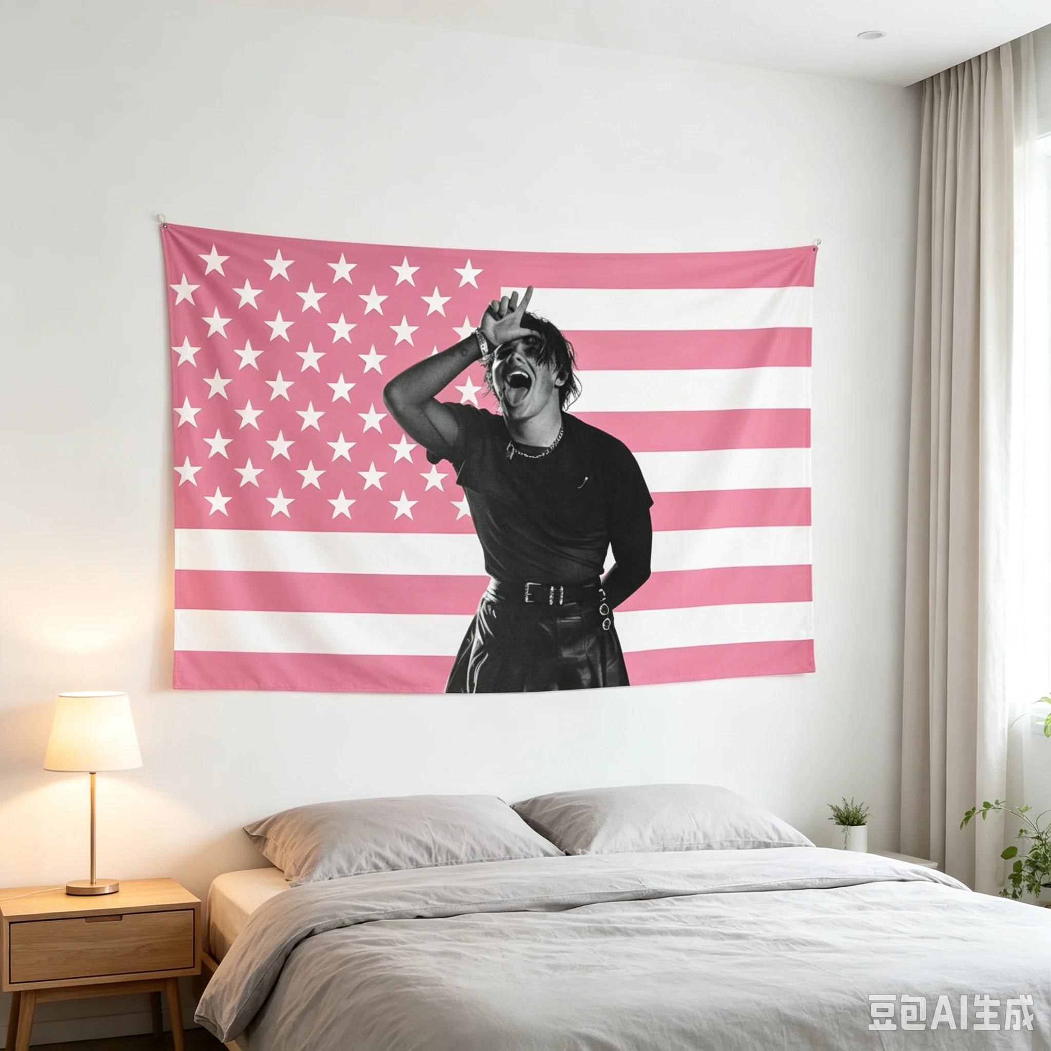 1pc Pink American Flag Tapestry, Punk Singer Portrait Pink USA Star Stripes Wall Hanging, Multiple Sizes, Polyester 2D Print, Be