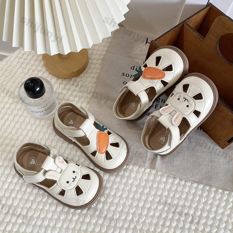Outdoor Children's Sandals 2026 Fashion Cute Cartoon Rabbit Carrot Pattern Princess Shoes Girl Comfort Breathable Kids Flats